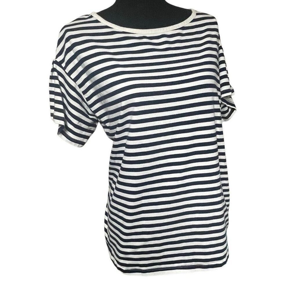 Ava & Viv Black and White Striped Puff Sleeve Wide Neck Tee